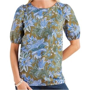 Talbots Womens L Olive Green Blue Floral Paisley Cotton Puff Sleeve Tie Back Top